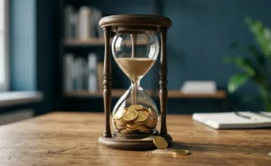 Una clessidra con monete d'oro al posto della sabbia su una scrivania: il credito delle minusvalenze ha una scadenza