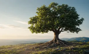 Un grande albero dalle radici profonde su una collina: il rendimento medio di un portafoglio si legge su un orizzonte lungo